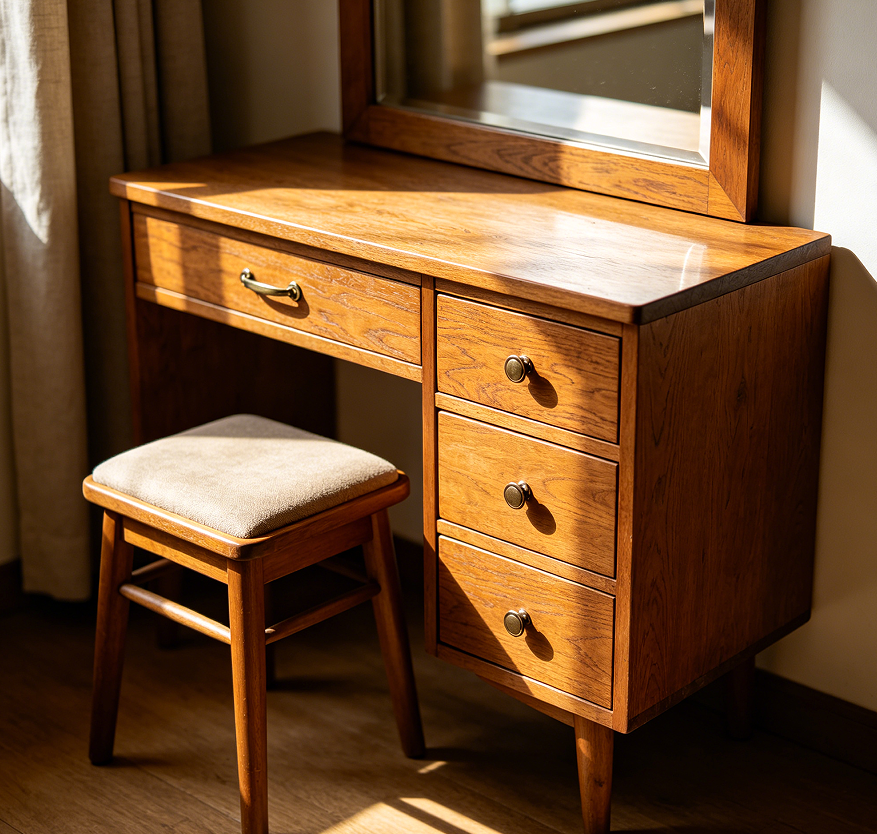 Compact Vanity with Stool and Three Small Drawers